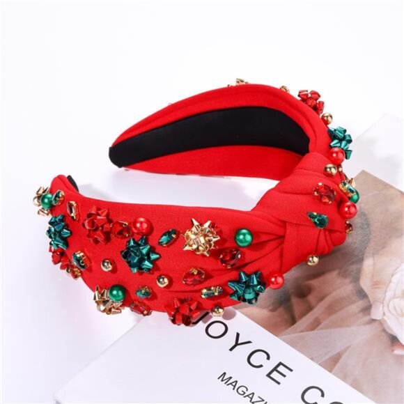 Christmas Headband Women Jeweled Plaid Bow Hair Accessory Holiday Gift - Picture 6 of 8